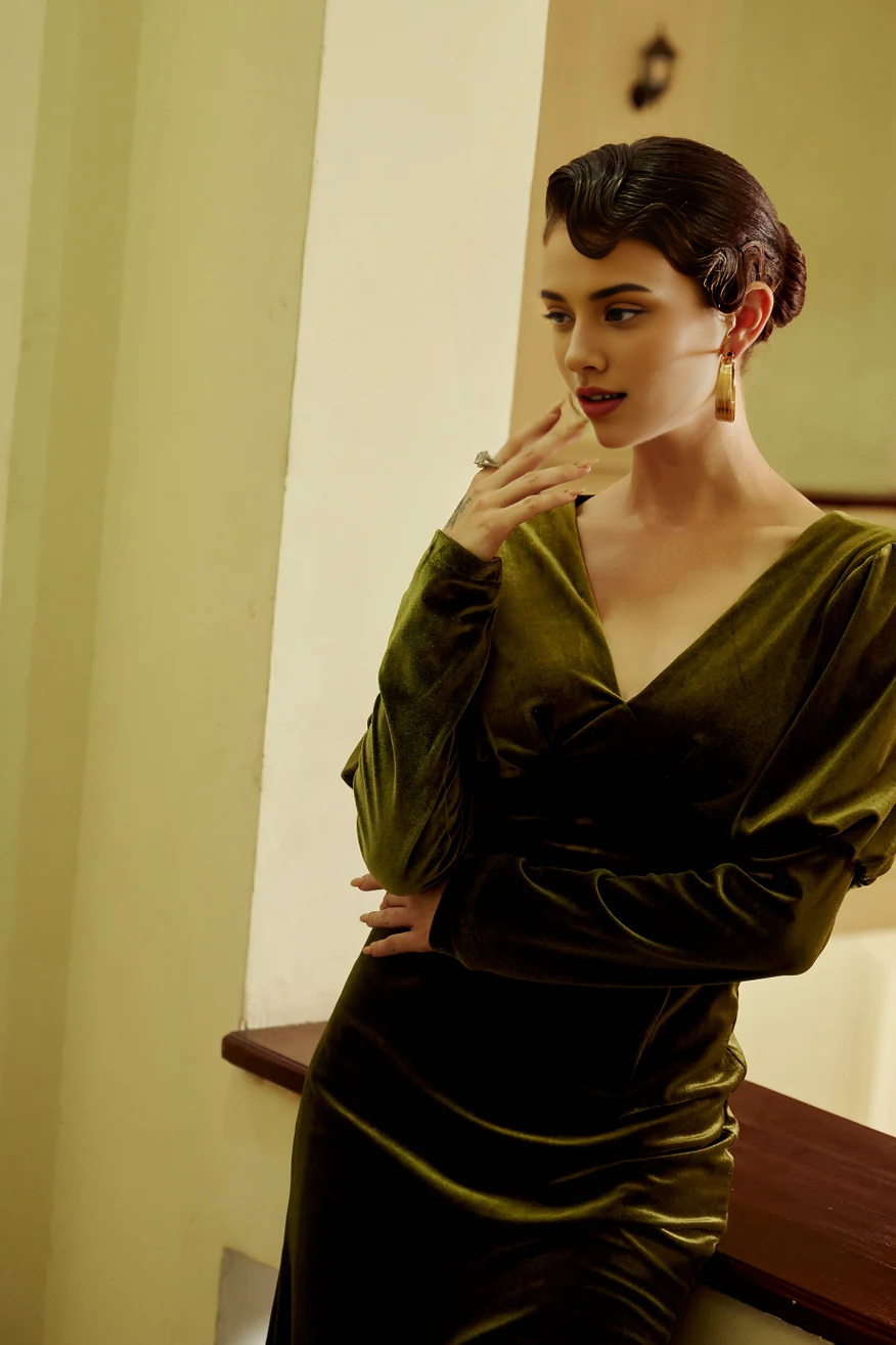 Elegant Velvet Classic Simple Prom Evening Dress Velvet Long Bridesmaid Velvet Wedding Guest Dress Velvet Long Sleeves V Neck Line and Puffed Sleeves