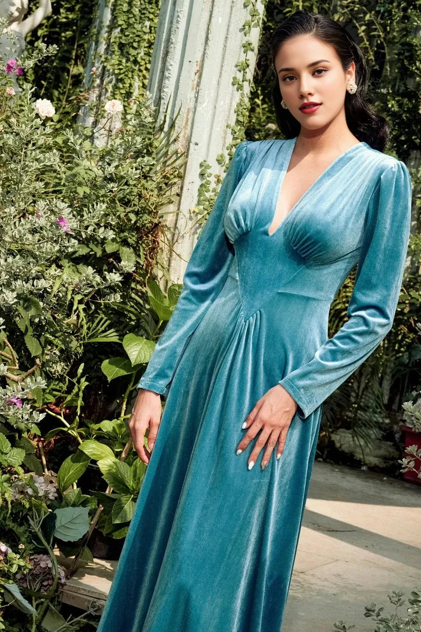 Elegant Velvet Gown Long Sleeve Floor Length Dress Deep V Neck Ankle Length Evening Dress Formal Wedding Dress Guest Dress