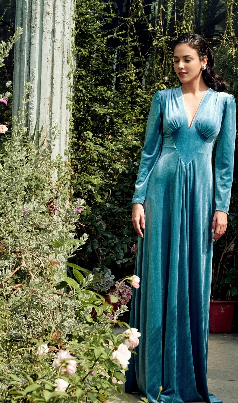 Elegant Velvet Gown Long Sleeve Floor Length Dress Deep V Neck Ankle Length Evening Dress Formal Wedding Dress Guest Dress