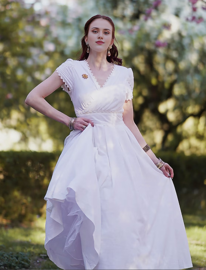 Robe longue blanche élégante de fée, robe de mariée simple, robe longue plissée à col en V, robe de bal trapèze, robe de soirée pour femme 