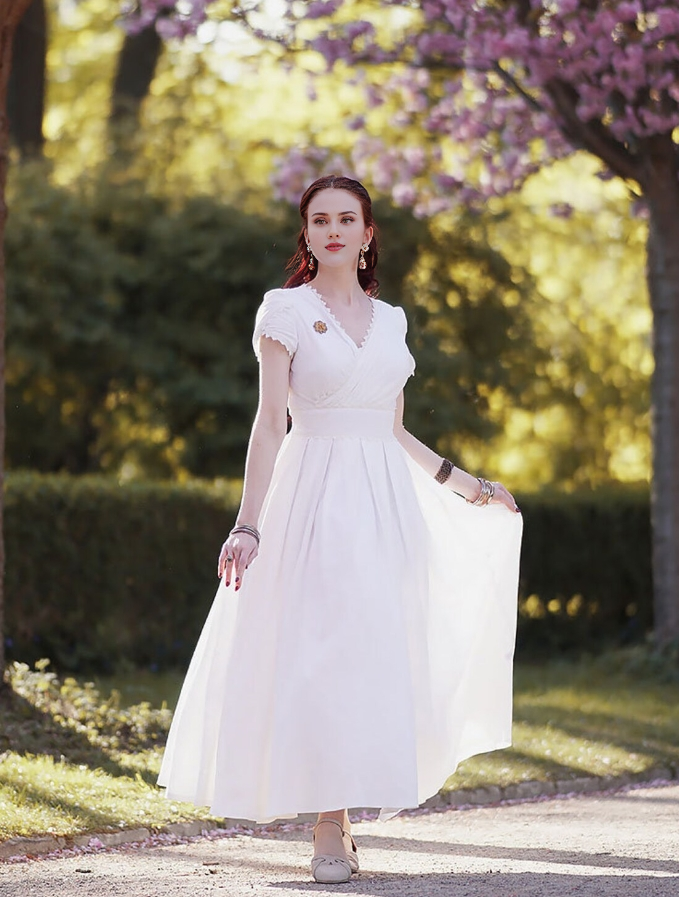Robe longue blanche élégante de fée, robe de mariée simple, robe longue plissée à col en V, robe de bal trapèze, robe de soirée pour femme 