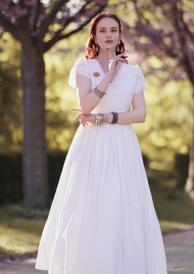 Robe longue blanche élégante de fée, robe de mariée simple, robe longue plissée à col en V, robe de bal trapèze, robe de soirée pour femme 