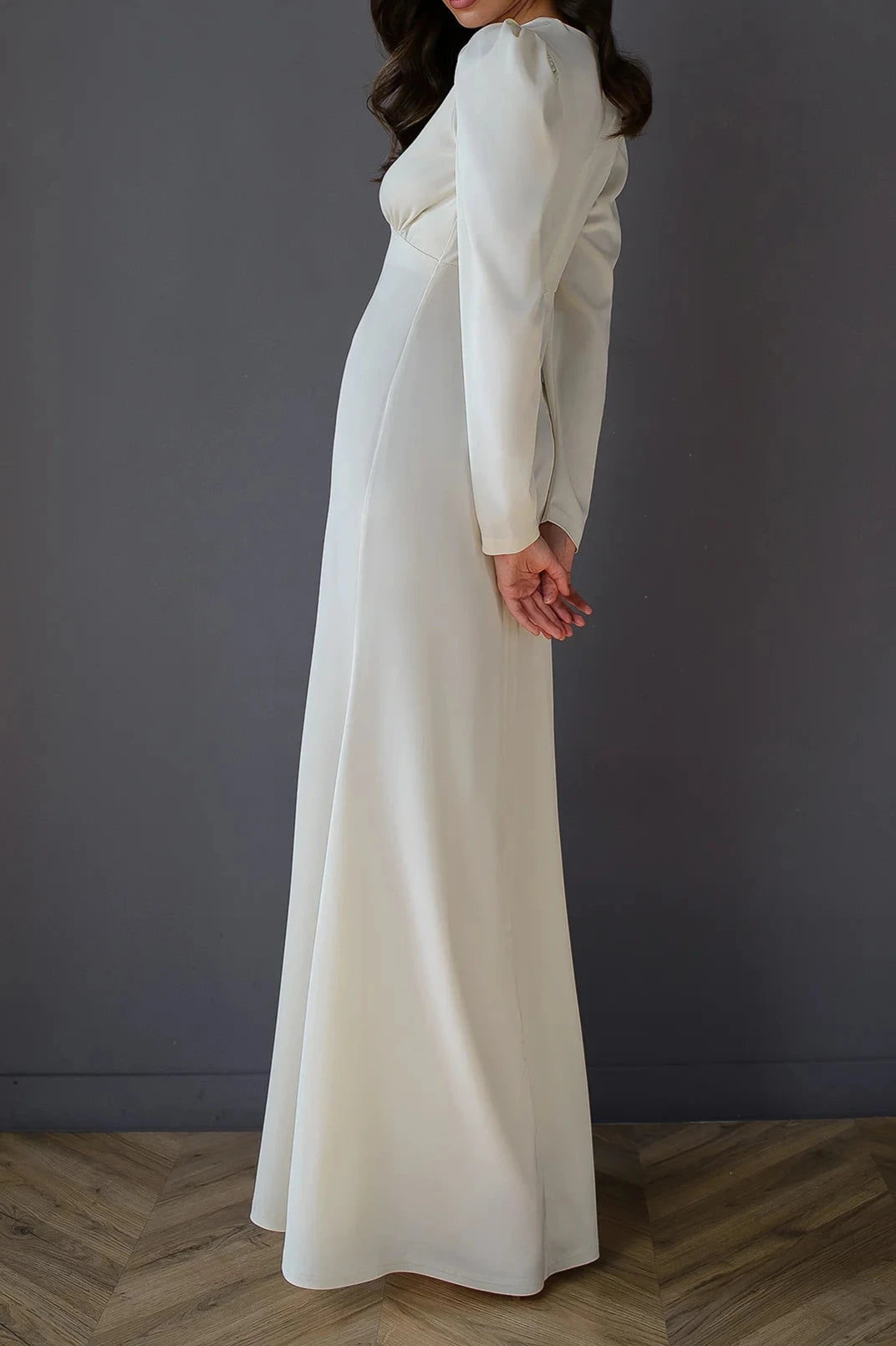 Elegant White V-neck Ankle Length Long Puff-Sleeve Party Dress Prom Dress With Slit ﻿