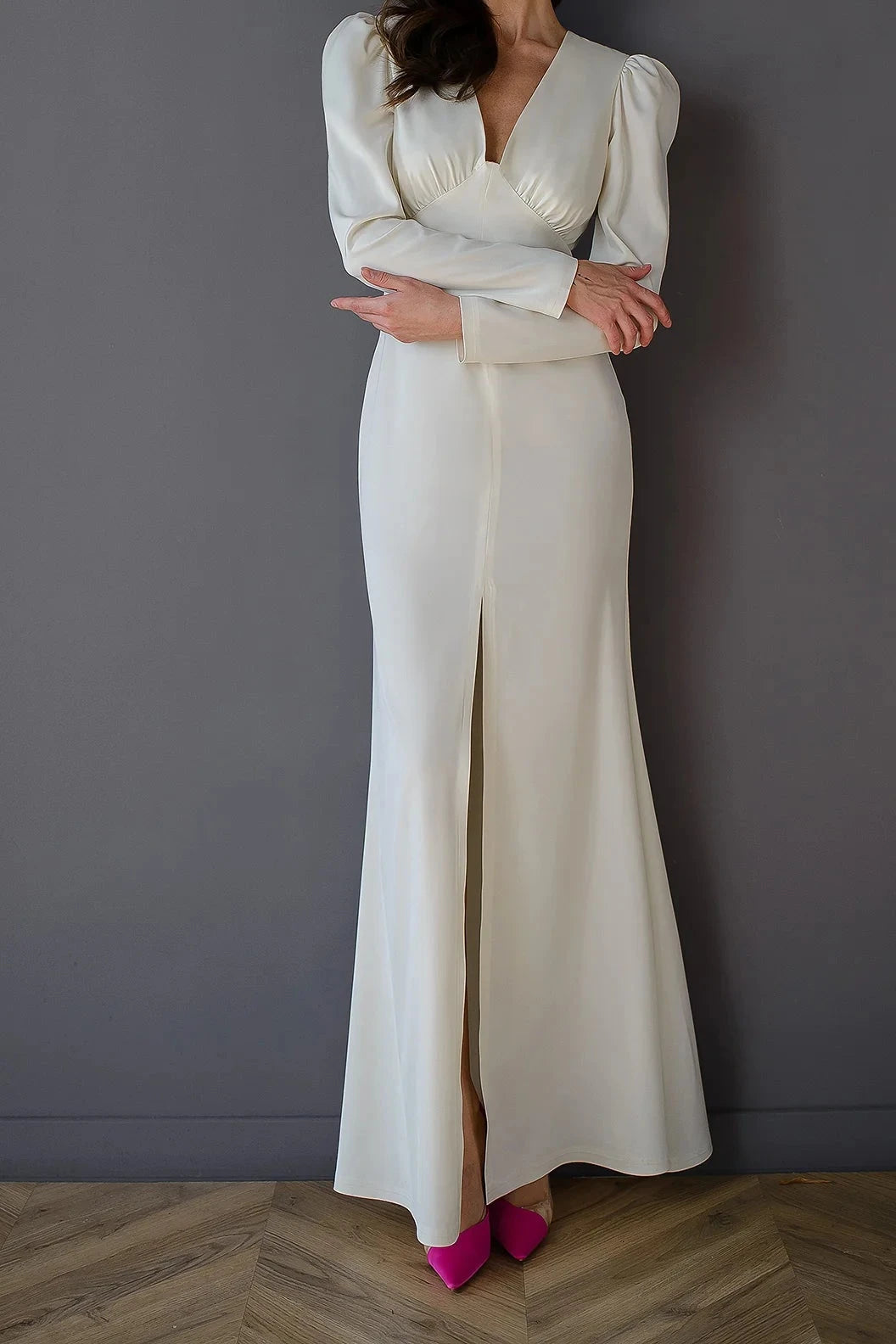 Elegant White V-neck Ankle Length Long Puff-Sleeve Party Dress Prom Dress With Slit ﻿
