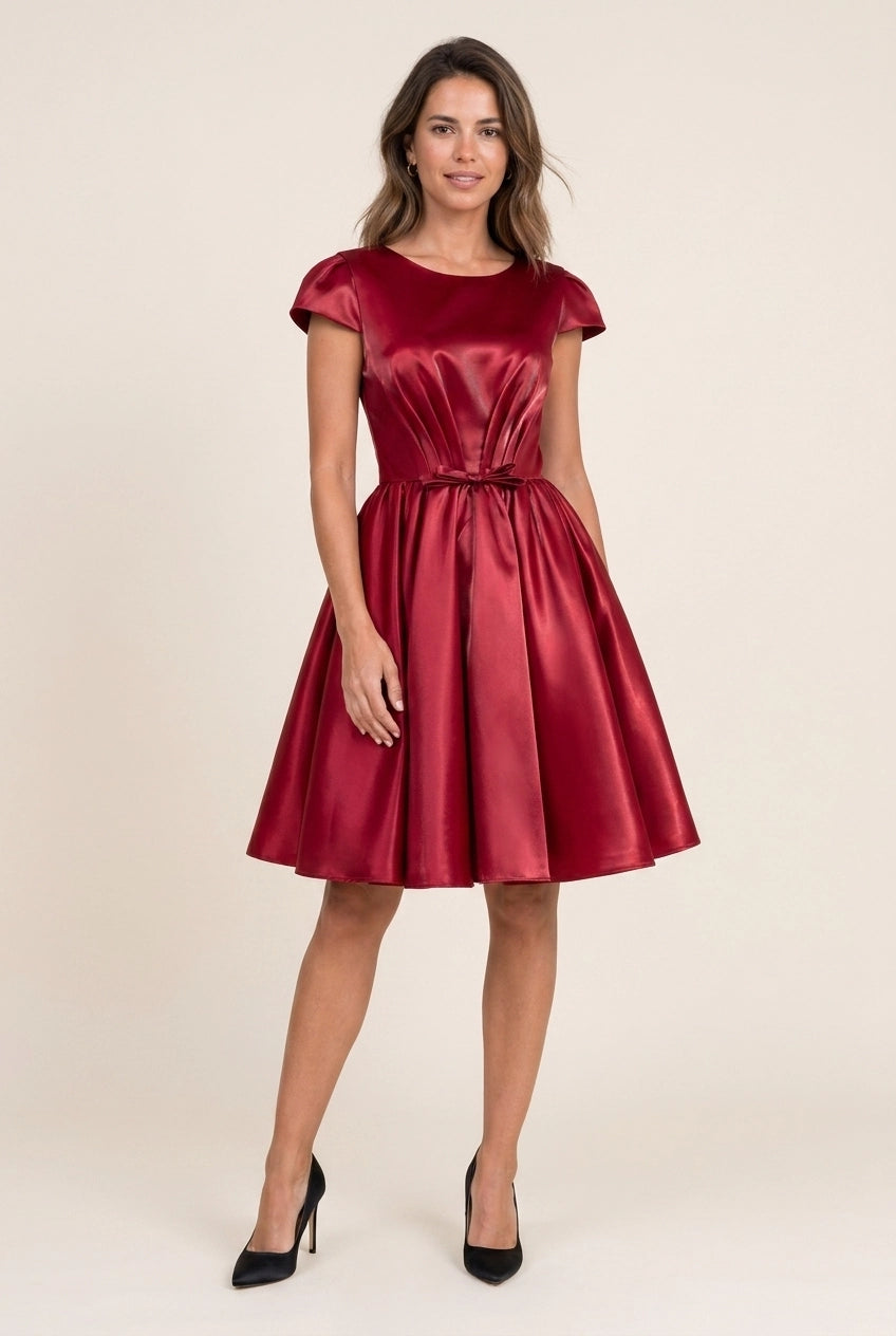 Elegant A-Line Boat Neck Cap Sleeve Pleated Bow Satin Burgundy Short Homecoming Dress