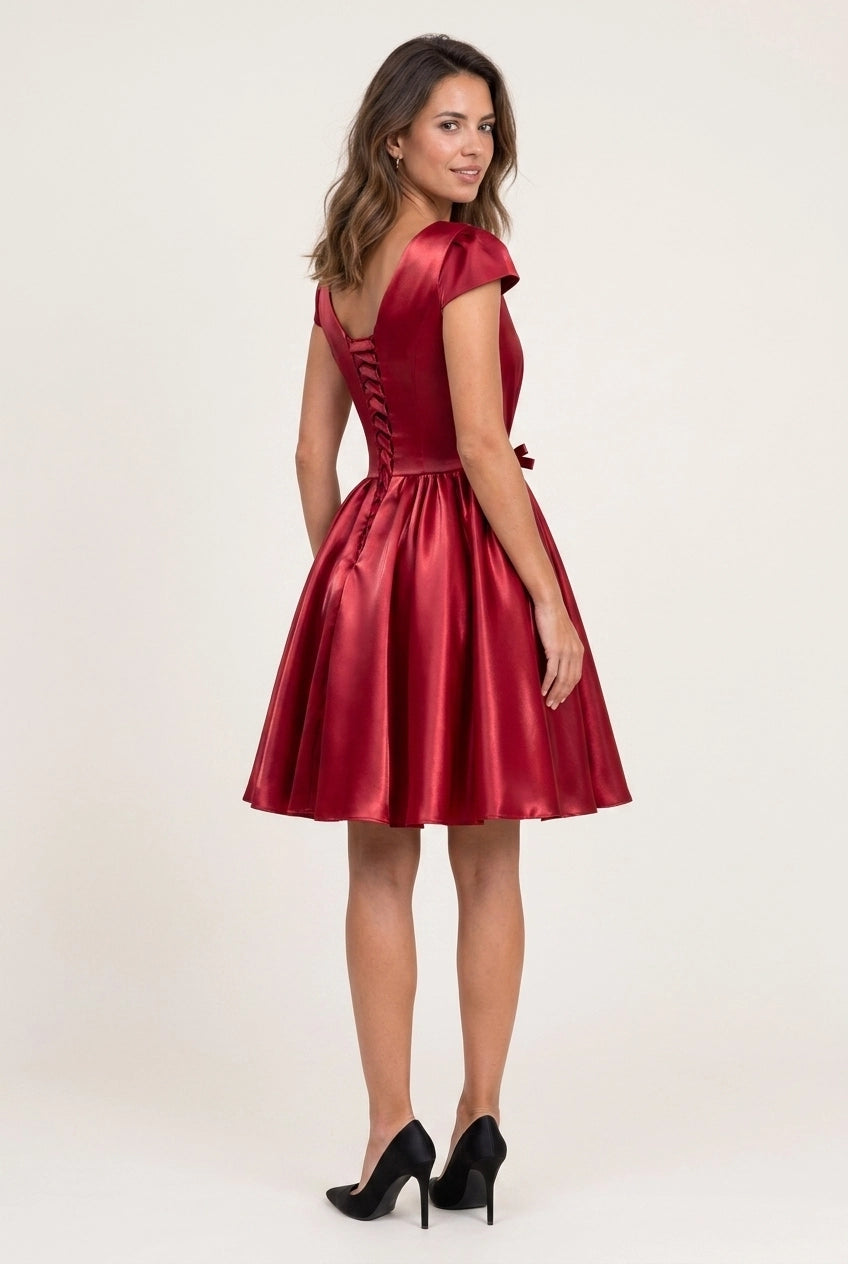 Elegant A-Line Boat Neck Cap Sleeve Pleated Bow Satin Burgundy Short Homecoming Dress
