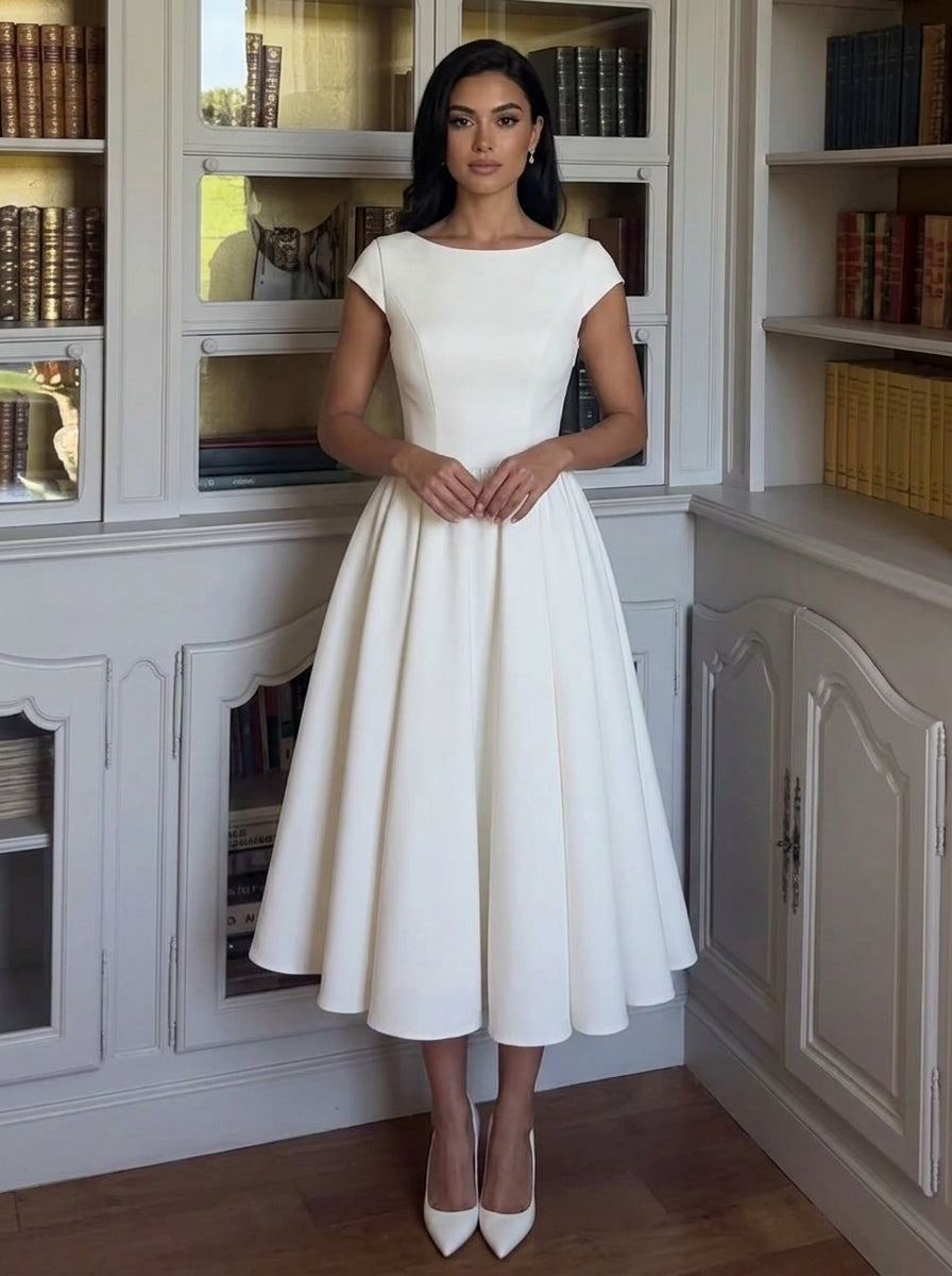 Elegant A-Line Boat Neck Cap Sleeve Pleated Pockets White Midi Homecoming Dress