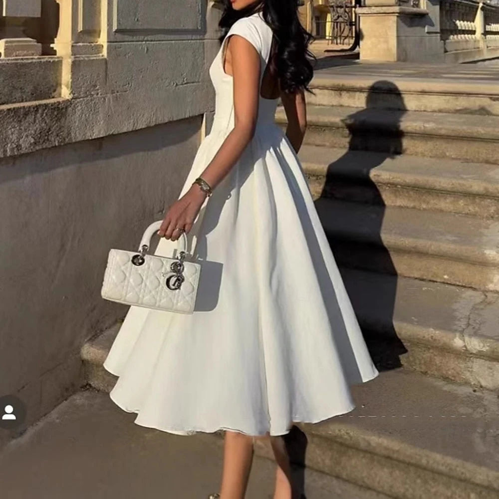 Elegant A-Line Boat Neck Cap Sleeve Pleated Pockets White Midi Homecoming Dress