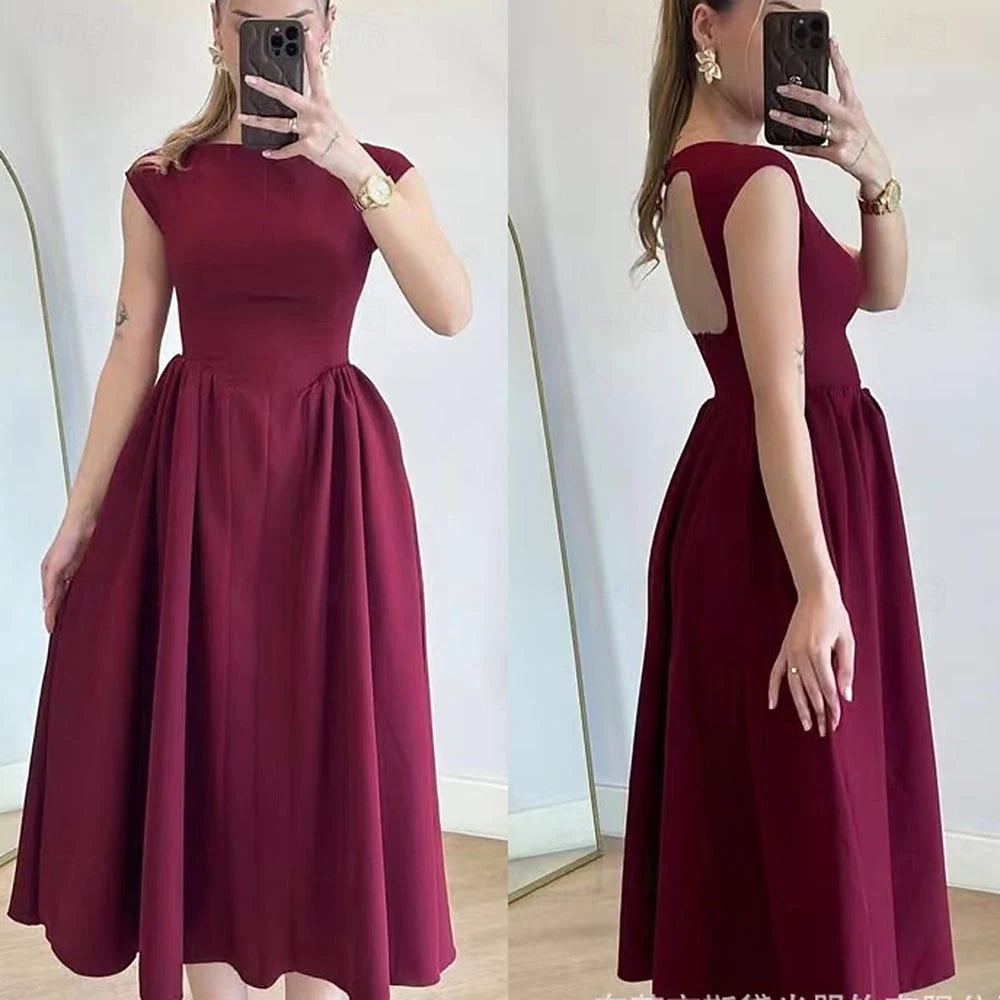 Elegant A-Line Boat Neck Cap Sleeve Pleated Pockets White Midi Homecoming Dress