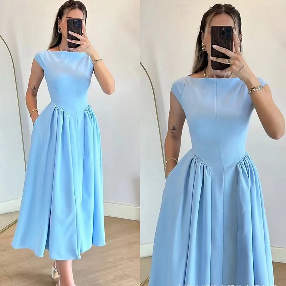 Elegant A-Line Boat Neck Cap Sleeve Pleated Pockets White Midi Homecoming Dress