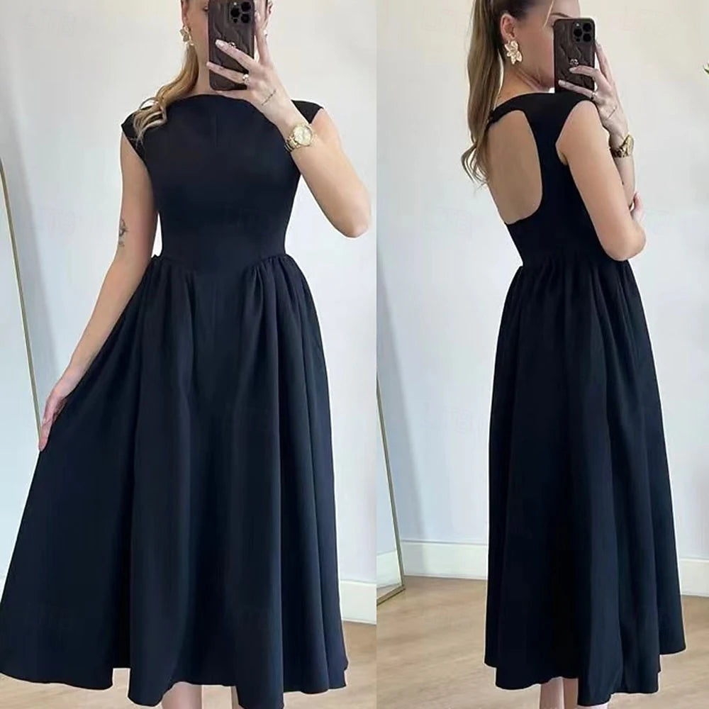Elegant A-Line Boat Neck Cap Sleeve Pleated Pockets White Midi Homecoming Dress