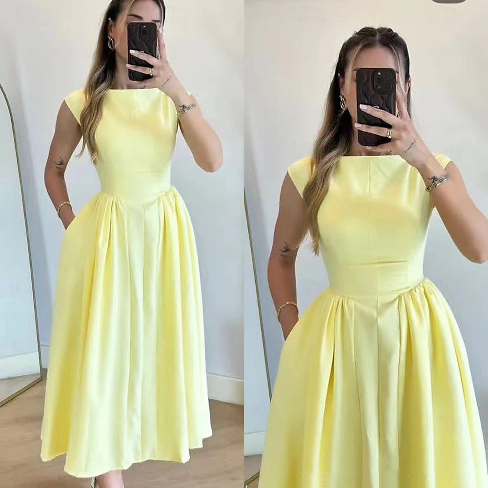 Elegant A-Line Boat Neck Cap Sleeve Pleated Pockets White Midi Homecoming Dress