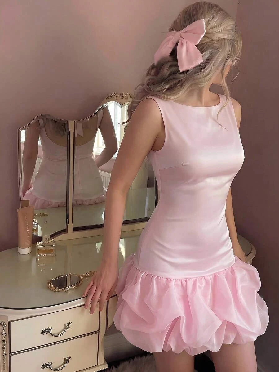 Elegant A-Line Boat Neck Ruffled Bubble Organza Satin Pink Mini Homecoming Dress