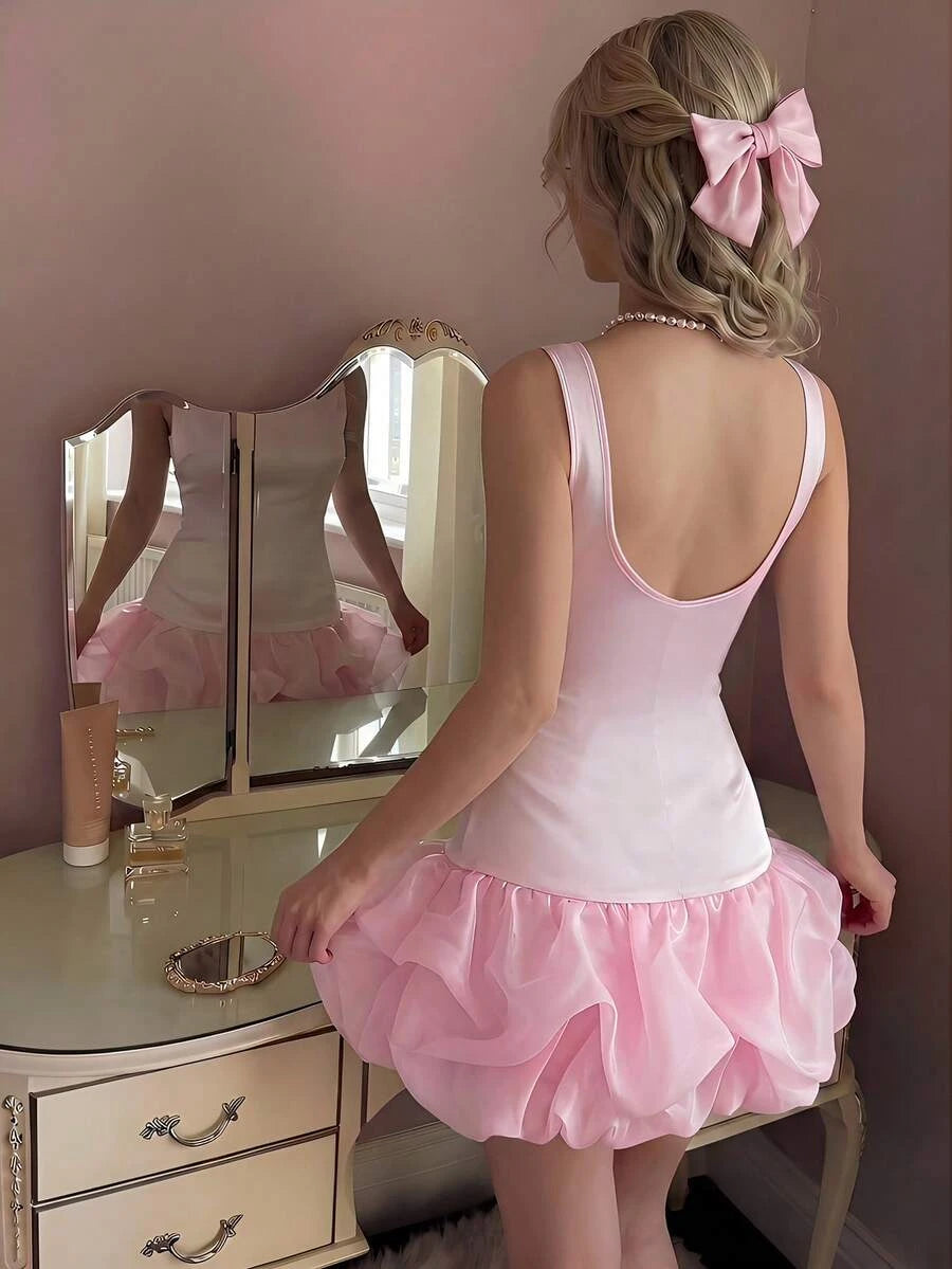 Elegant A-Line Boat Neck Ruffled Bubble Organza Satin Pink Mini Homecoming Dress