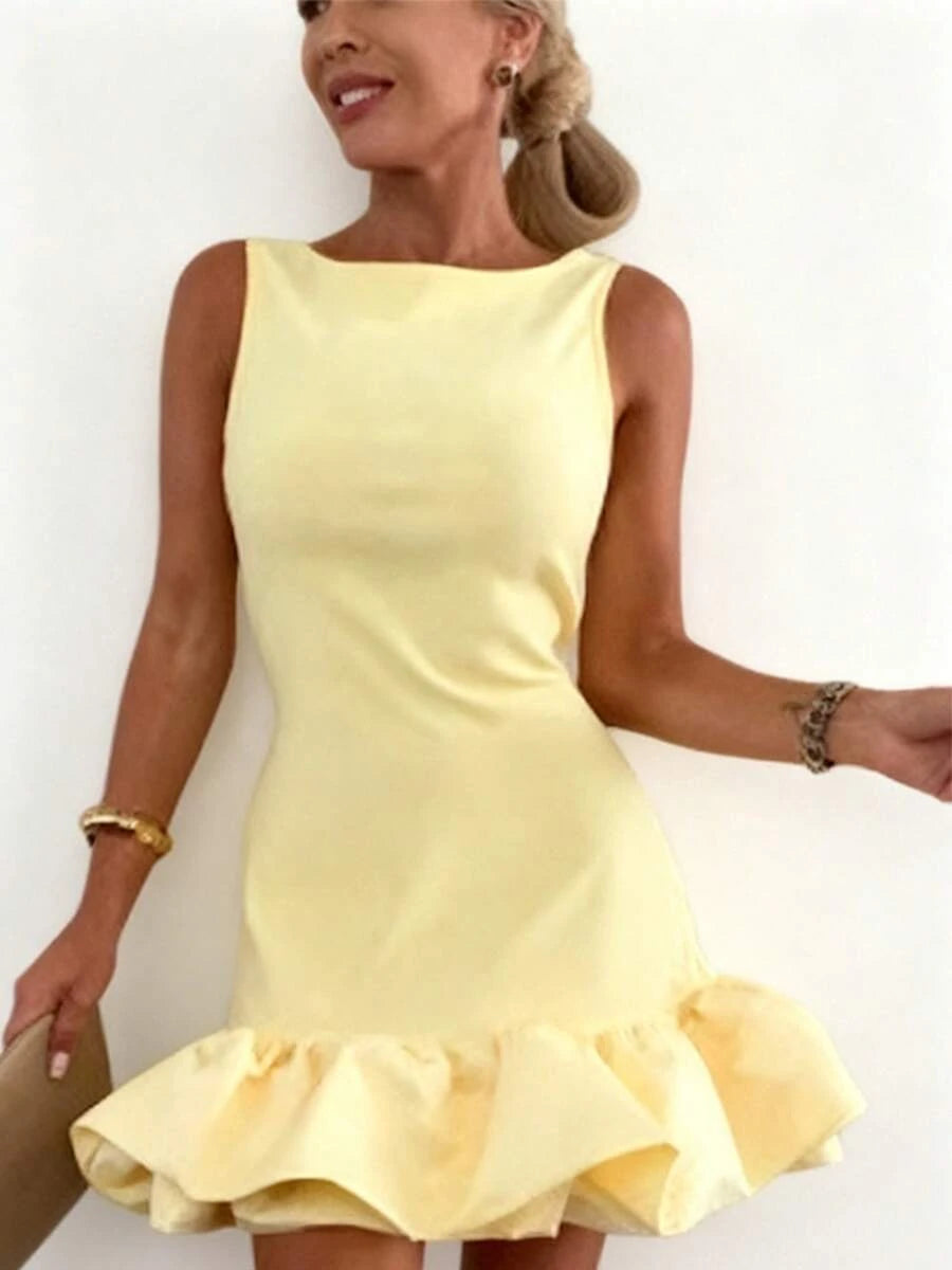 Elegant A-Line Boat Neck Ruffled Hem Party Light Yellow Mini Homecoming Dress