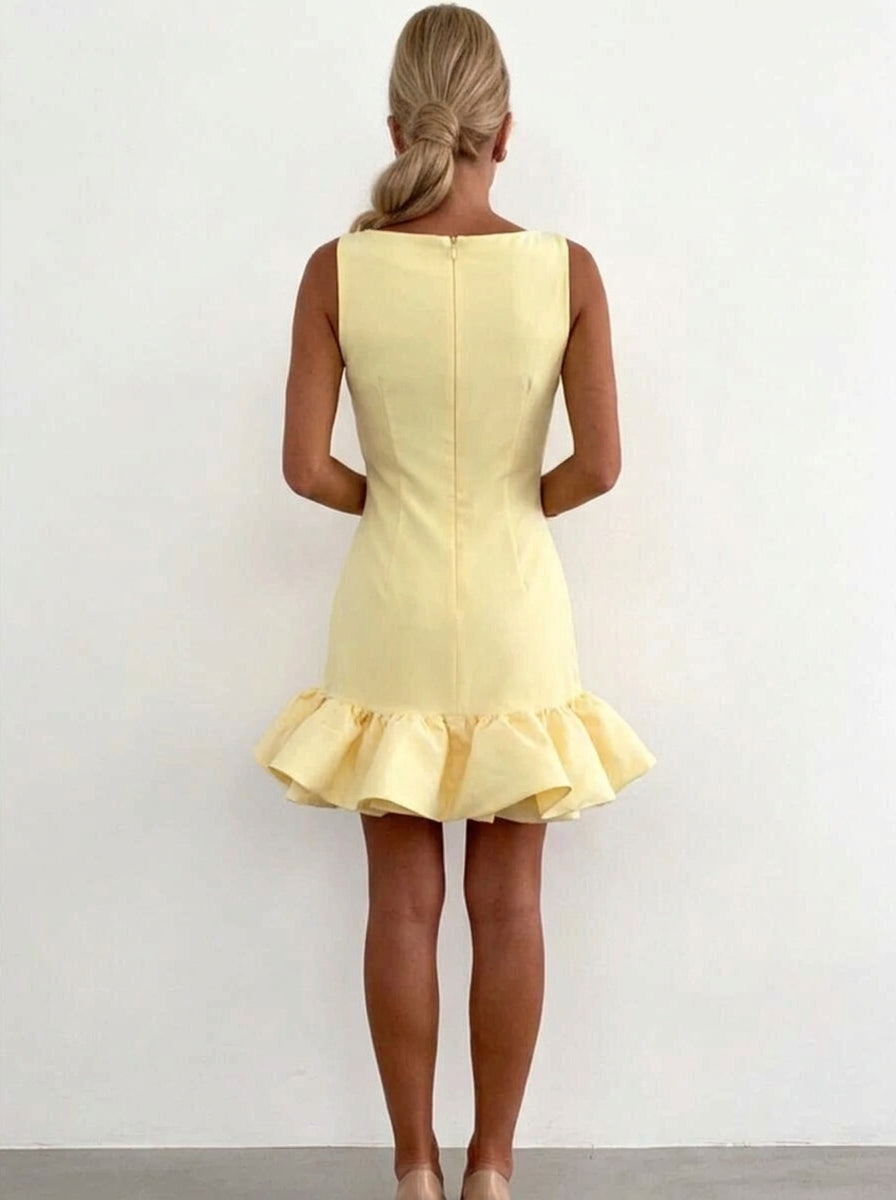 Elegant A-Line Boat Neck Ruffled Hem Party Light Yellow Mini Homecoming Dress