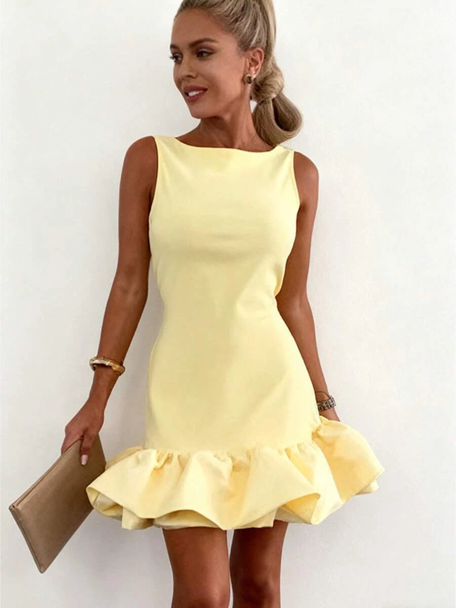 Elegant A-Line Boat Neck Ruffled Hem Party Light Yellow Mini Homecoming Dress