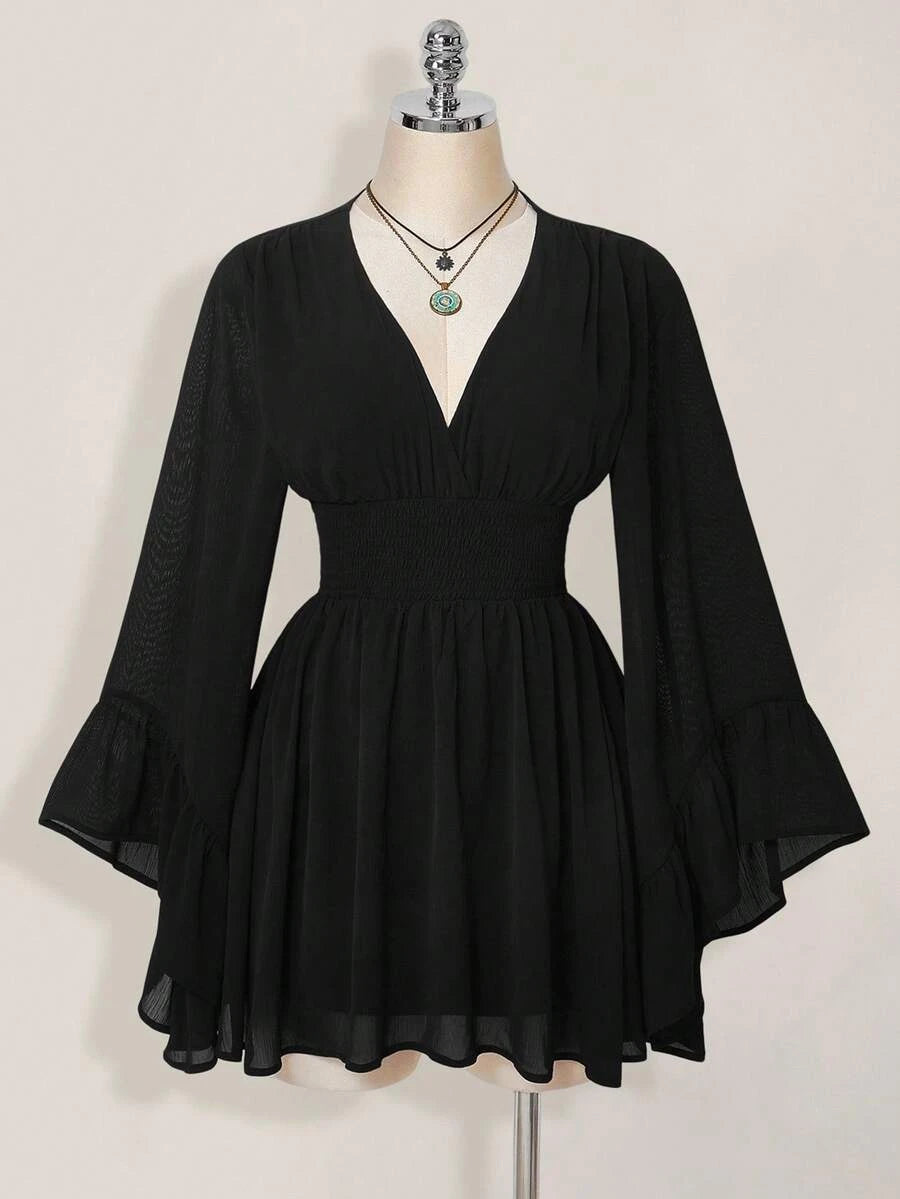 Elegant A-Line Deep V-Neck Long Bell Sleeve Black Mini Homecoming Dresses