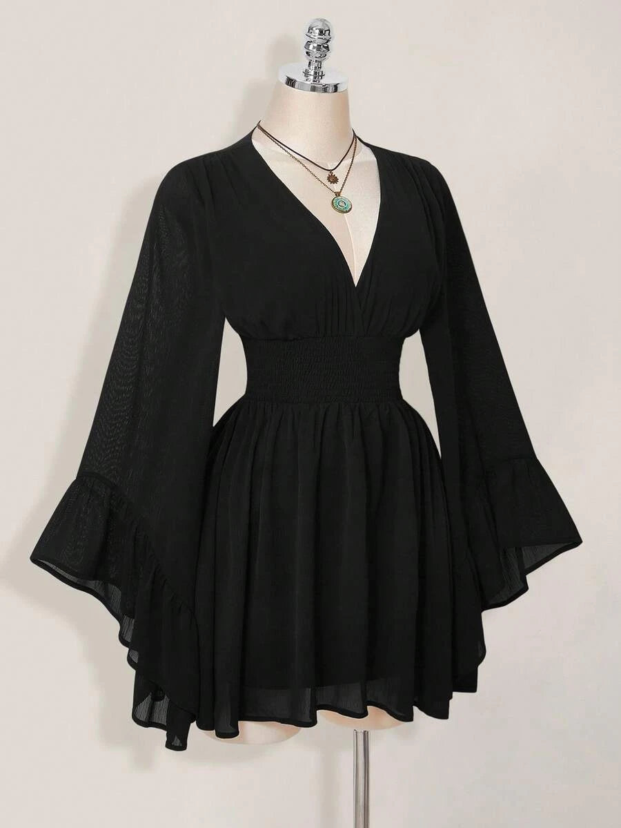 Elegant A-Line Deep V-Neck Long Bell Sleeve Black Mini Homecoming Dresses