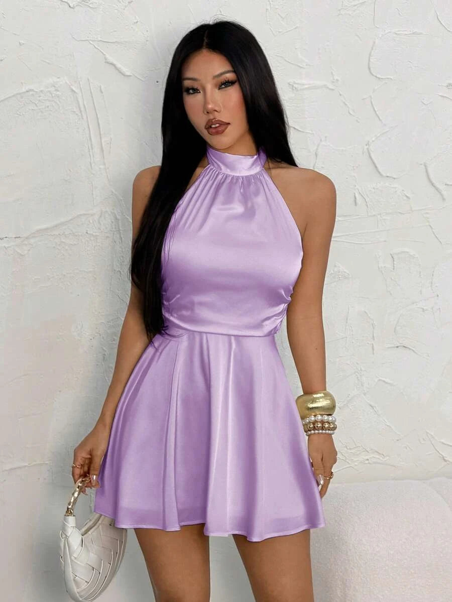 Elegant A-Line Halter Backless Tie Lavender Mini Homecoming Dress For Ladies