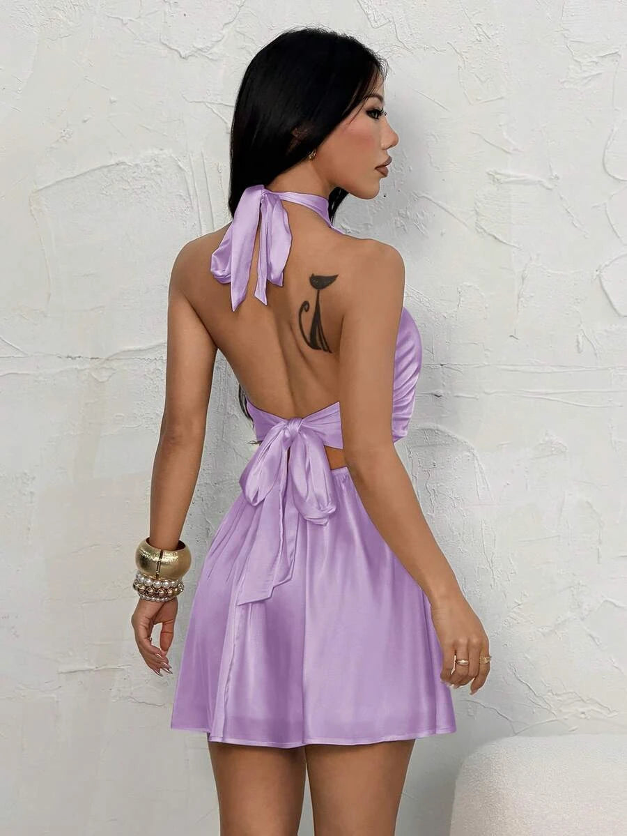 Elegant A-Line Halter Backless Tie Lavender Mini Homecoming Dress For Ladies