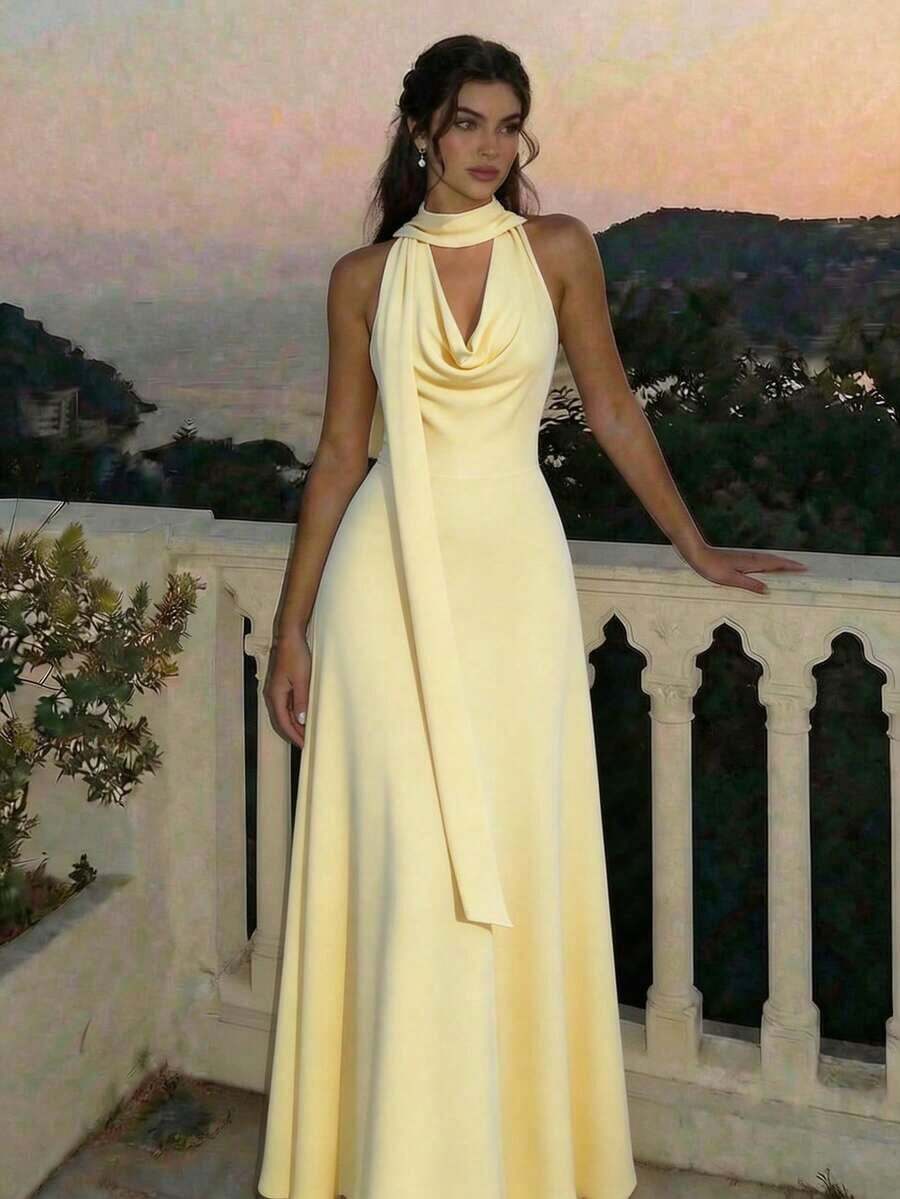 Elegant A-Line Halter Cowl Neck Flowy Sophisticated Pale Yellow Floor-Length Prom Dress