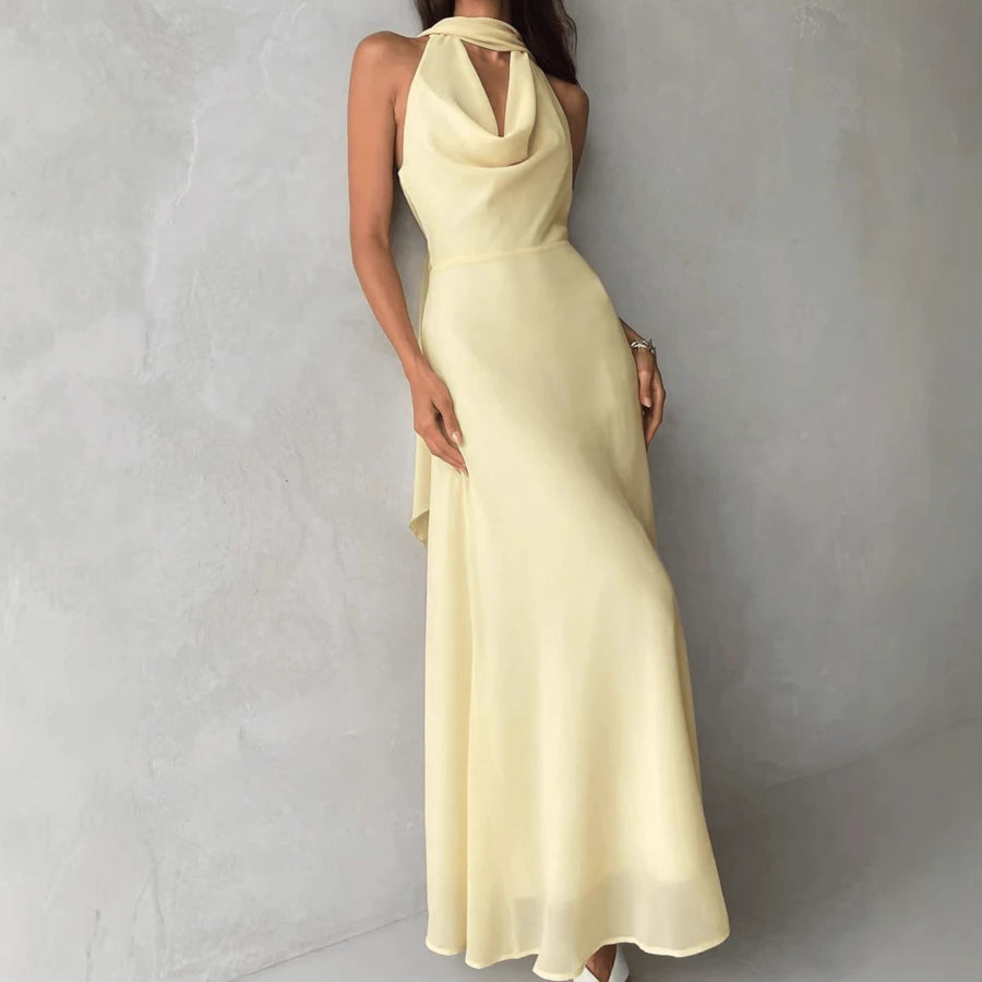 Elegant A-Line Halter Cowl Neck Flowy Sophisticated Pale Yellow Floor-Length Prom Dress