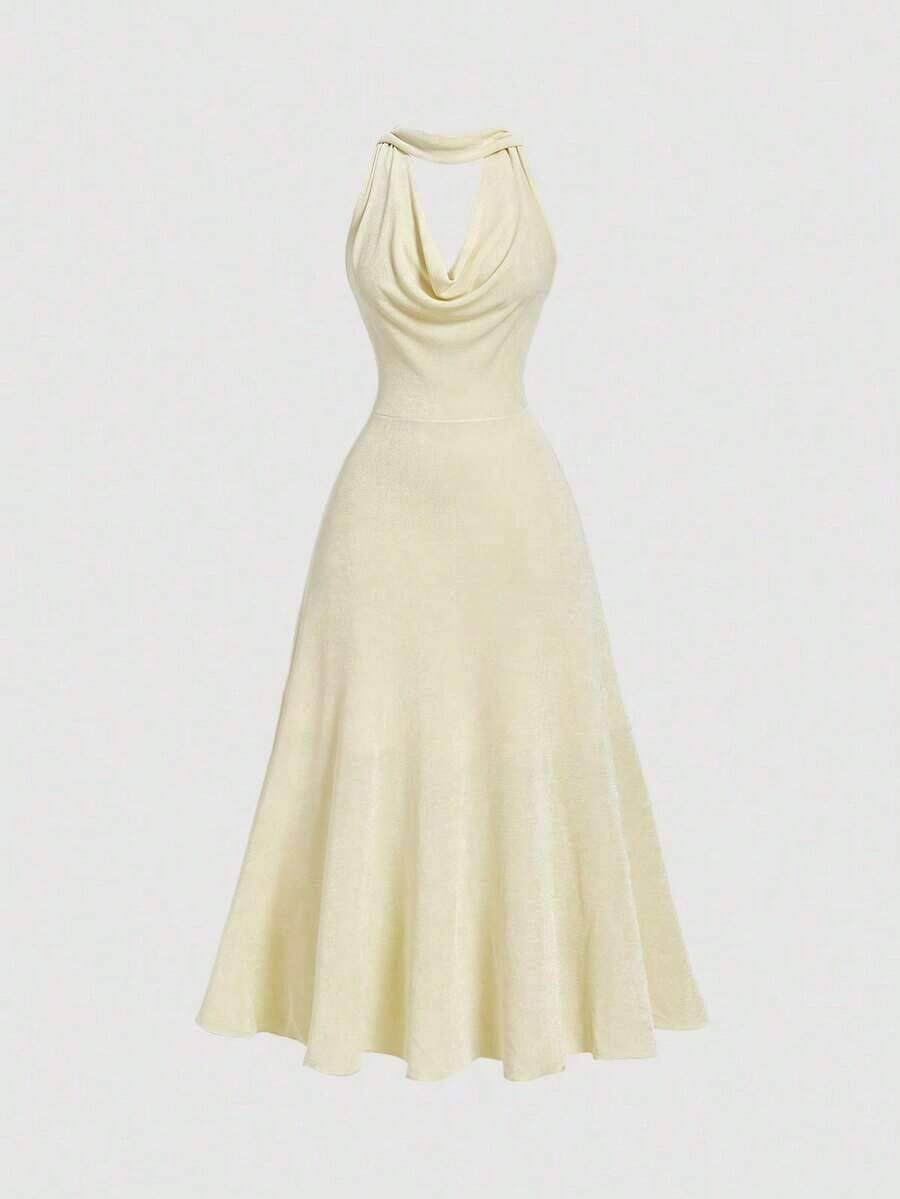 Elegant A-Line Halter Cowl Neck Flowy Sophisticated Pale Yellow Floor-Length Prom Dress