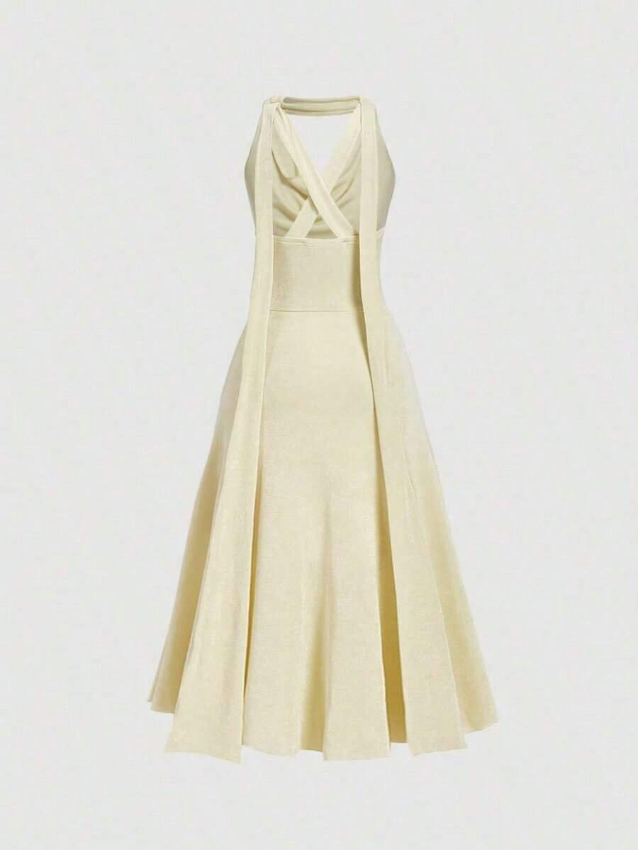 Elegant A-Line Halter Cowl Neck Flowy Sophisticated Pale Yellow Floor-Length Prom Dress