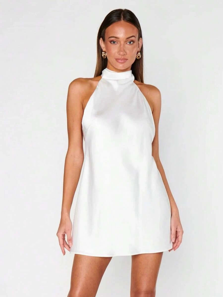 Elegant A-Line Halter Neck Open Back Bow Tie White Mini Homecoming Dresses