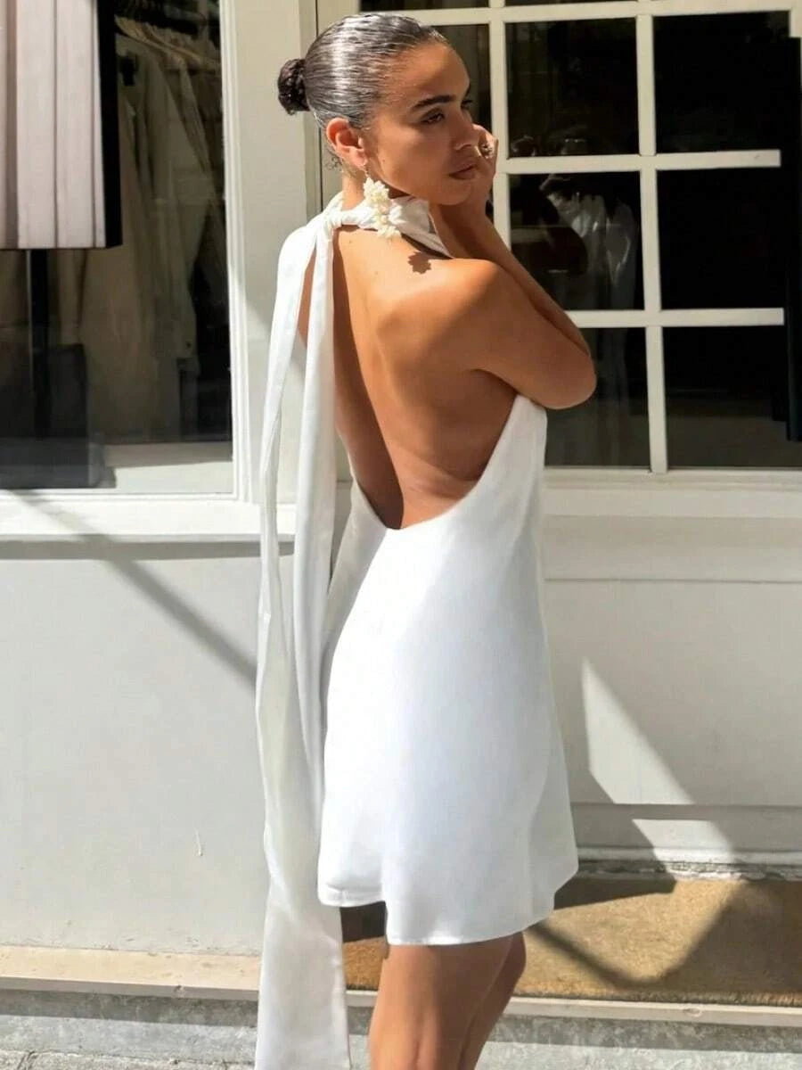 Elegant A-Line Halter Neck Open Back Bow Tie White Mini Homecoming Dresses