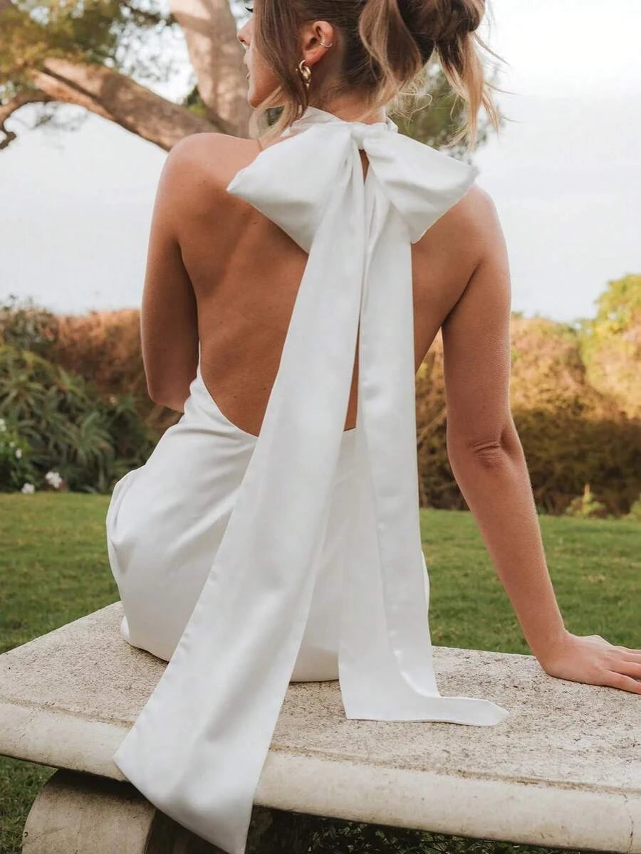 Elegant A-Line Halter Neck Open Back Bow Tie White Mini Homecoming Dresses