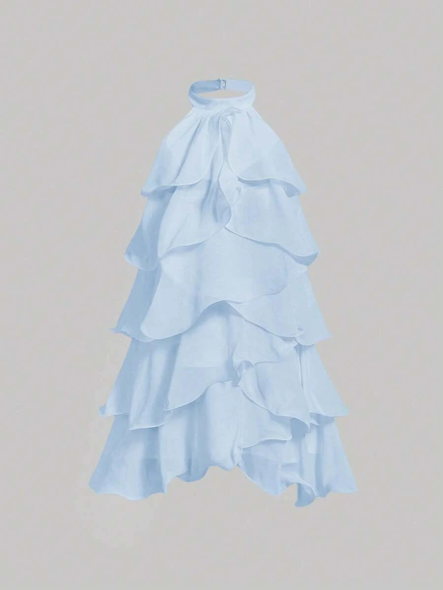 Elegant A-Line Halter Neck Ruffled Tiered Light Blue Mini Homecoming Dress