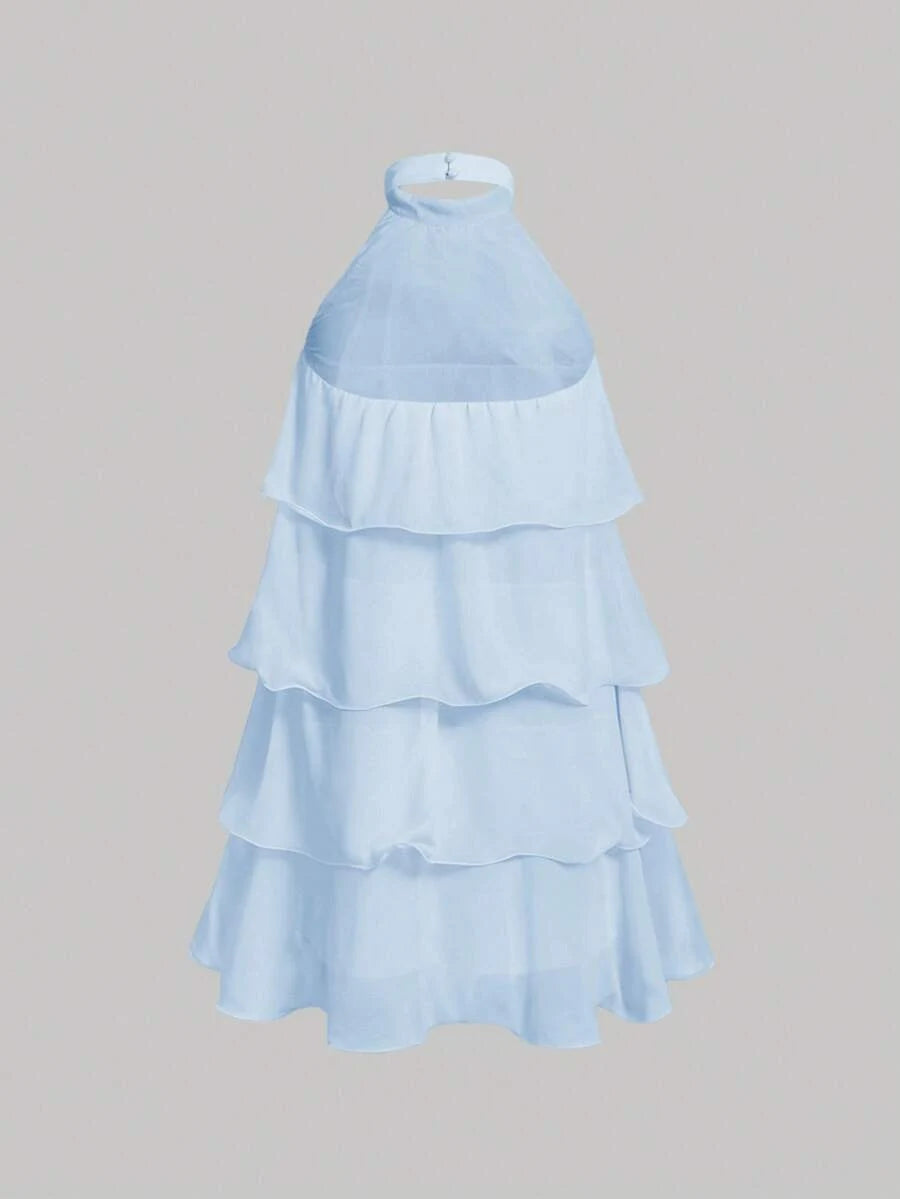 Elegant A-Line Halter Neck Ruffled Tiered Light Blue Mini Homecoming Dress