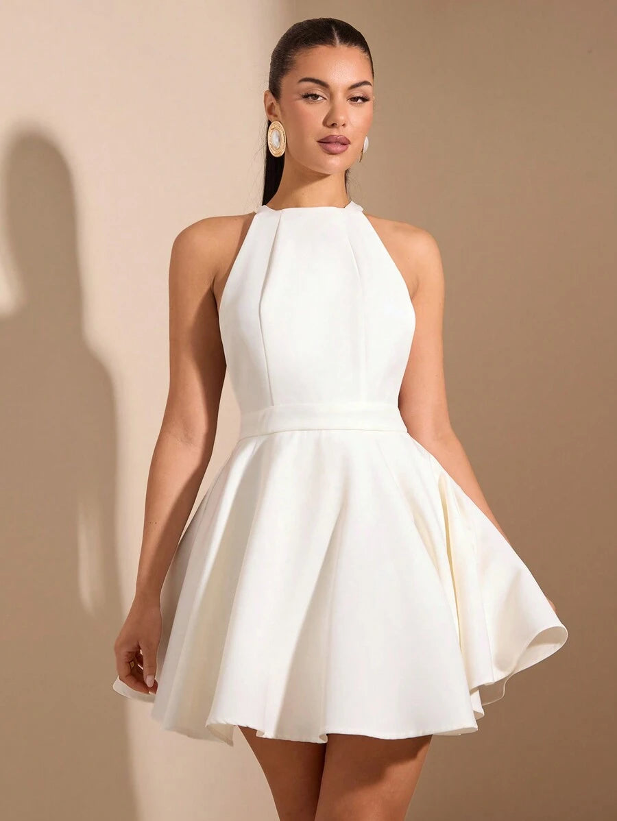 Elegant A-Line Halter Open Back White Short Homecoming Dress With Bow