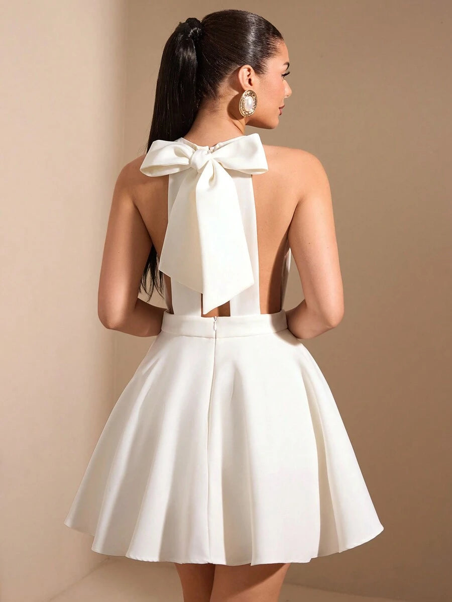 Elegant A-Line Halter Open Back White Short Homecoming Dress With Bow