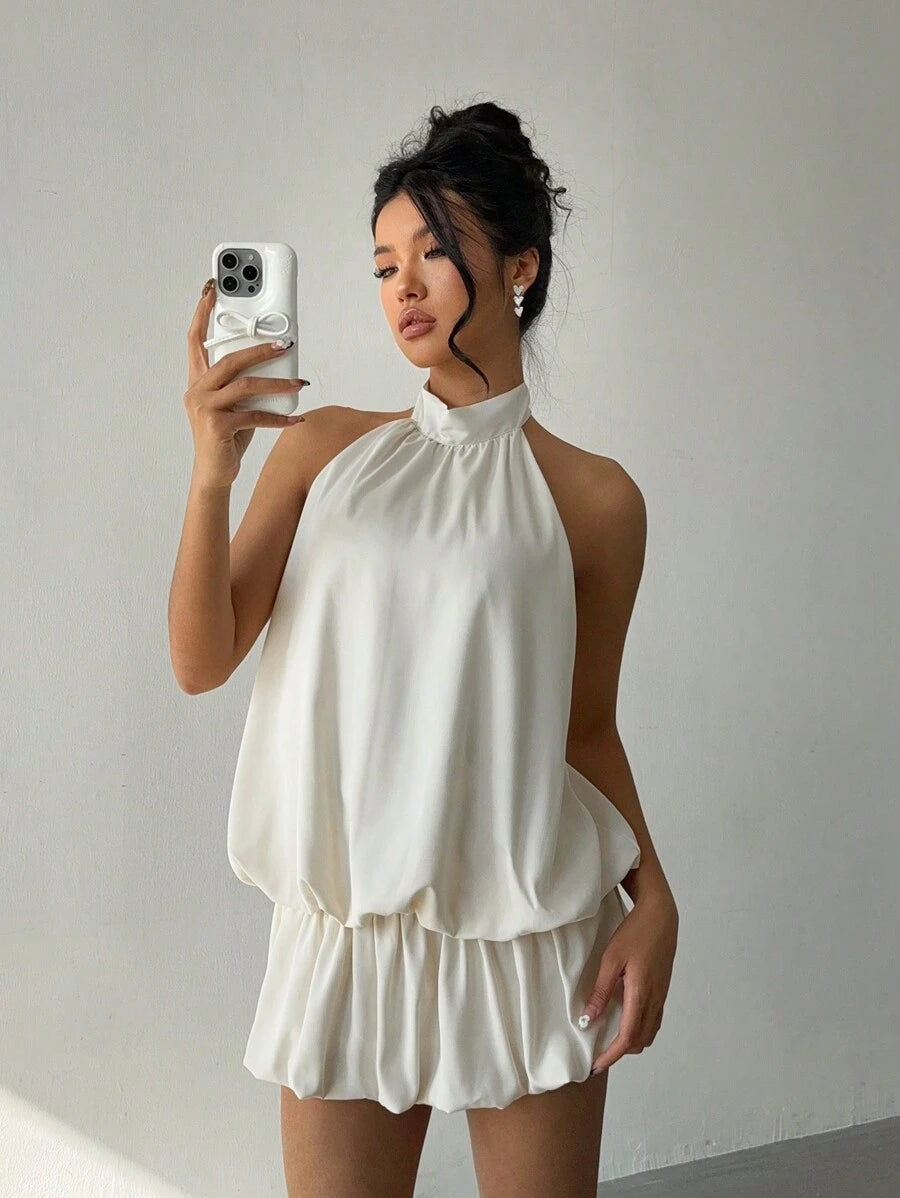 Elegant A-Line Halter Ruched Backless Ivory Mini Homecoming Dress With Bubble Hem