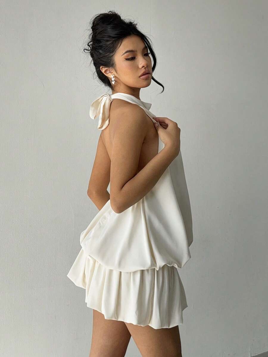 Elegant A-Line Halter Ruched Backless Ivory Mini Homecoming Dress With Bubble Hem