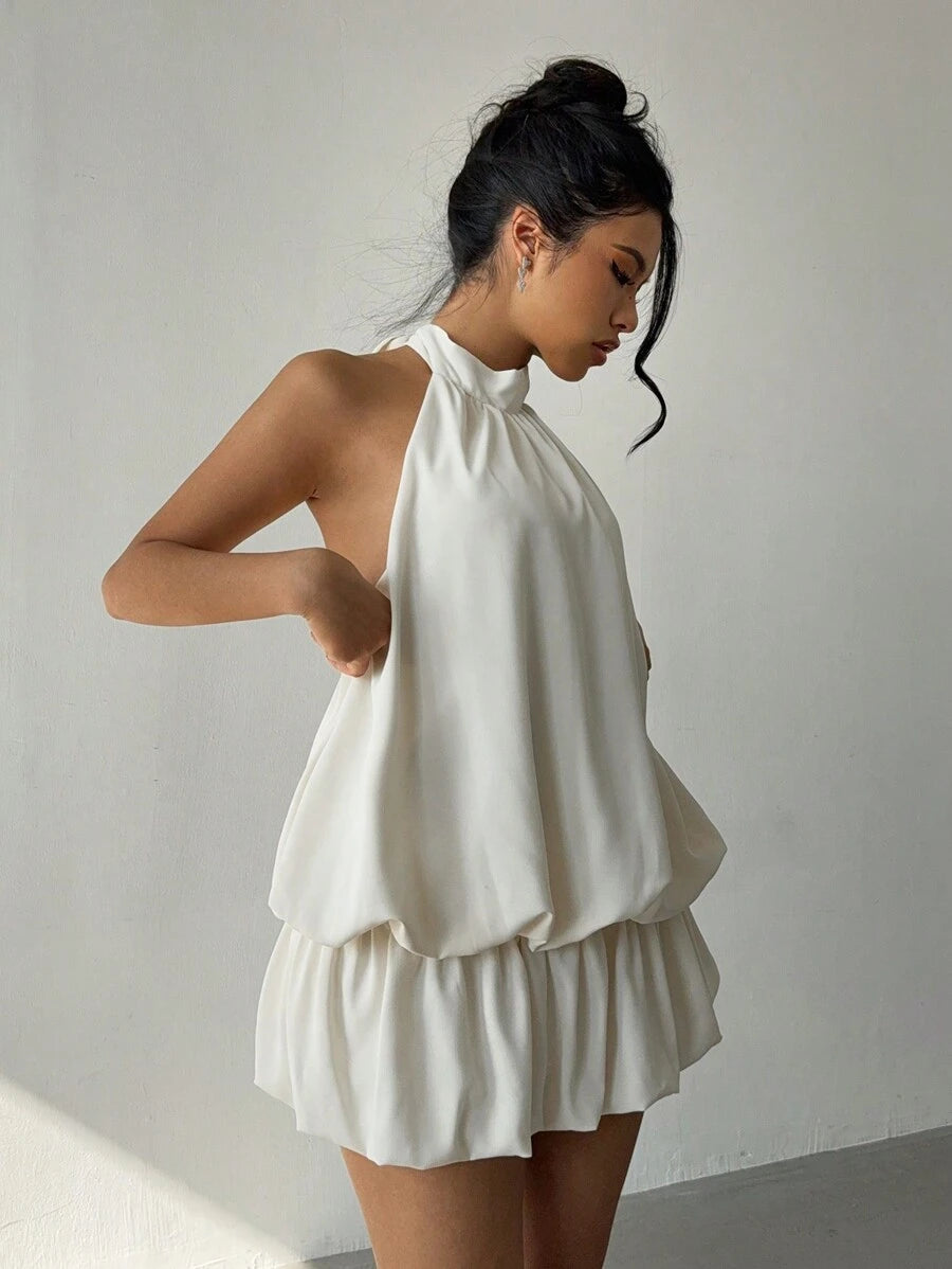 Elegant A-Line Halter Ruched Backless Ivory Mini Homecoming Dress With Bubble Hem