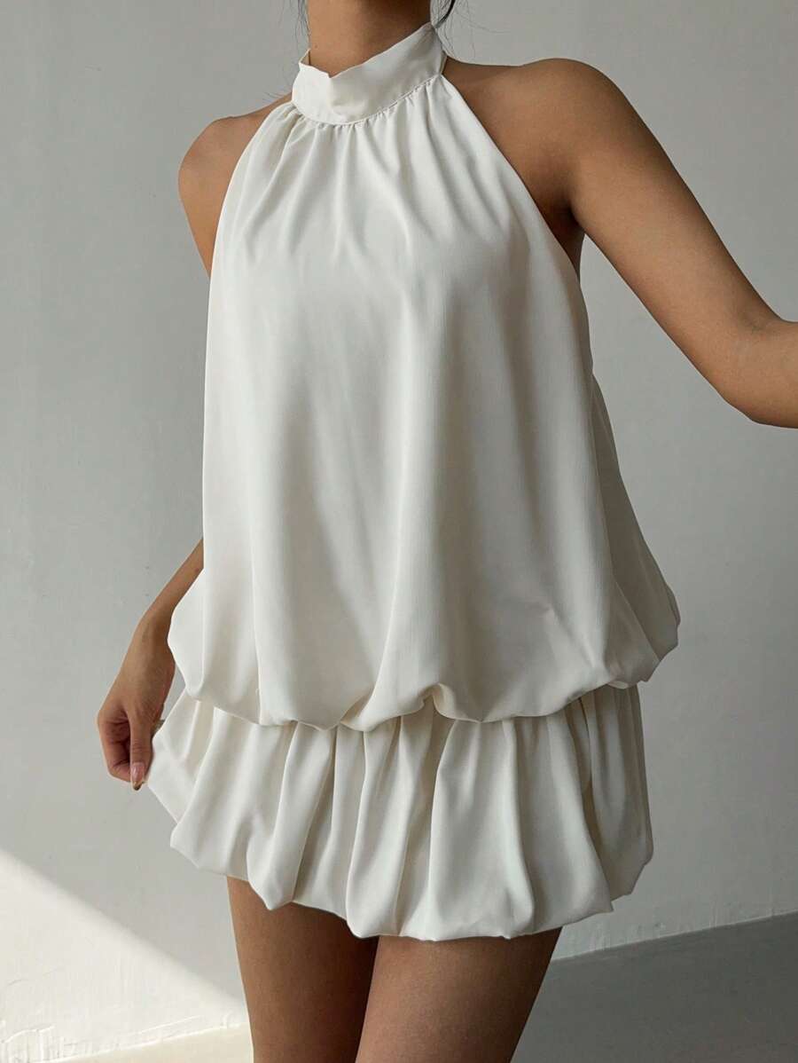 Elegant A-Line Halter Ruched Backless Ivory Mini Homecoming Dress With Bubble Hem