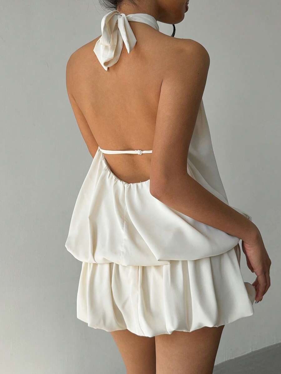 Elegant A-Line Halter Ruched Backless Ivory Mini Homecoming Dress With Bubble Hem