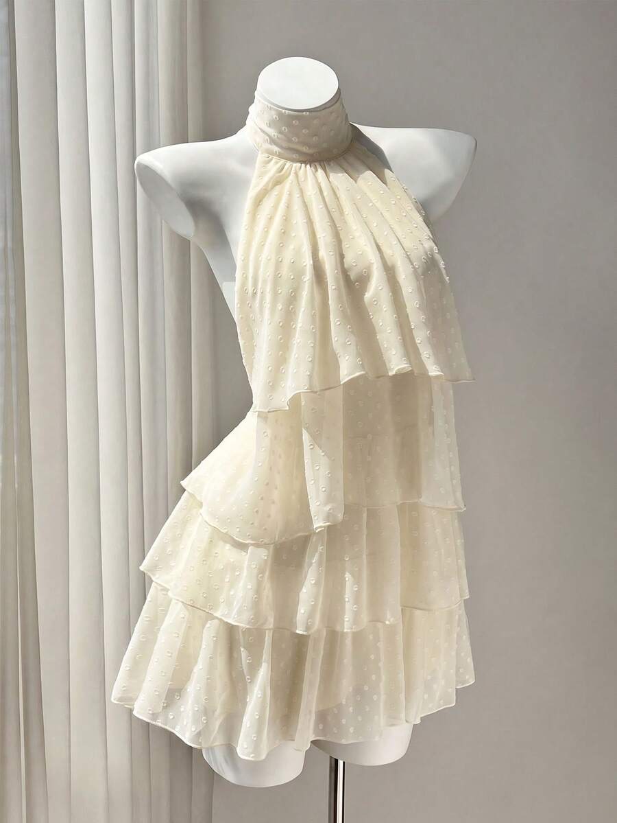 Elegant A-Line Halter Tie Tiered Ruffle Dotted Cream Short Homecoming Dress