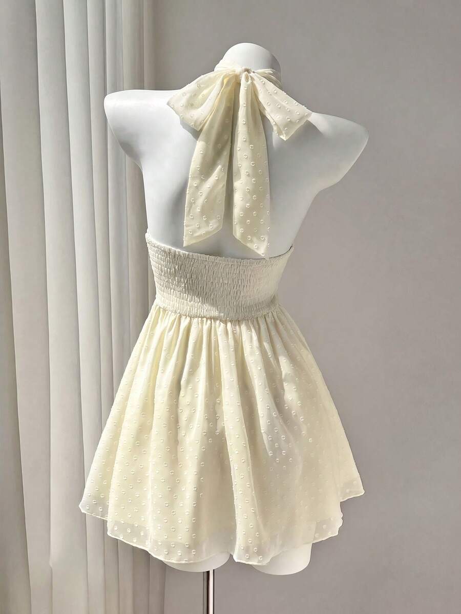 Elegant A-Line Halter Tie Tiered Ruffle Dotted Cream Short Homecoming Dress