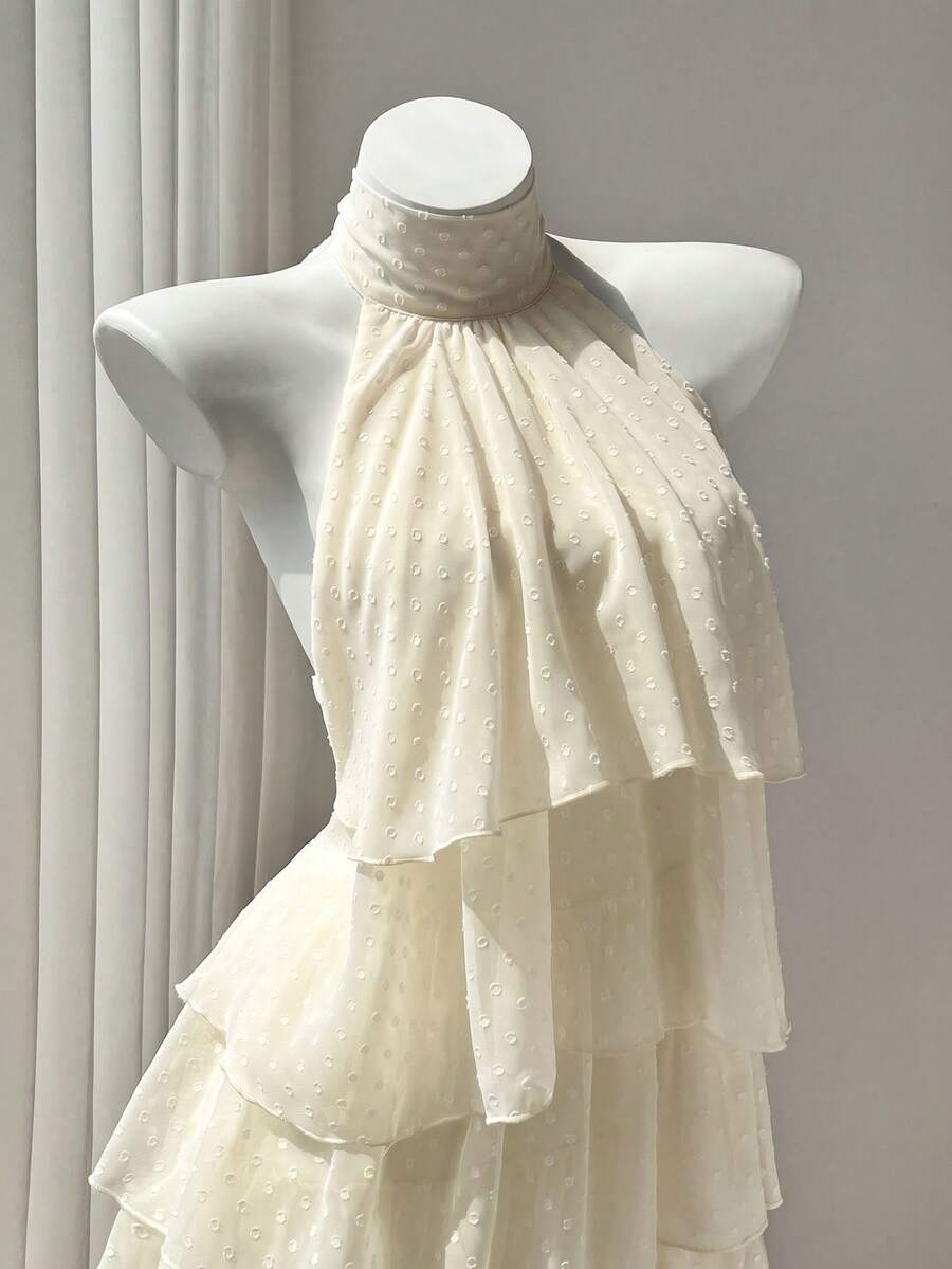 Elegant A-Line Halter Tie Tiered Ruffle Dotted Cream Short Homecoming Dress