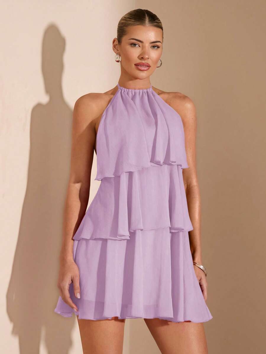 Elegant A-Line Halter Tiered Ruffle Backless Lilac Mini Homecoming Dress