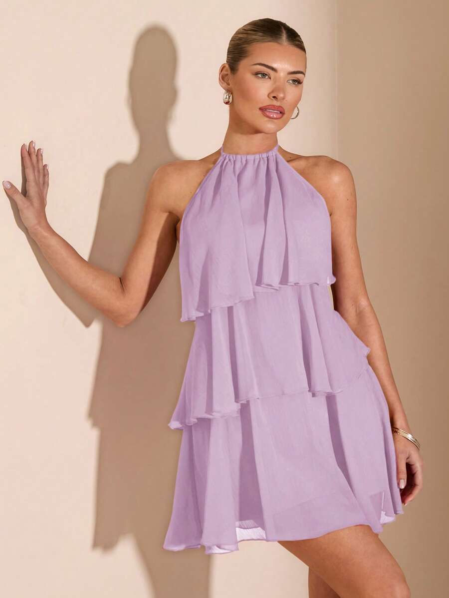 Elegant A-Line Halter Tiered Ruffle Backless Lilac Mini Homecoming Dress