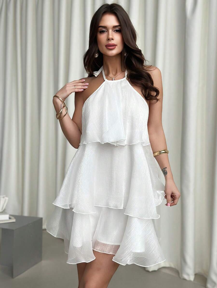 Elegant A-Line Halter Tiered Ruffle Backless White Mini Homecoming Dresses
