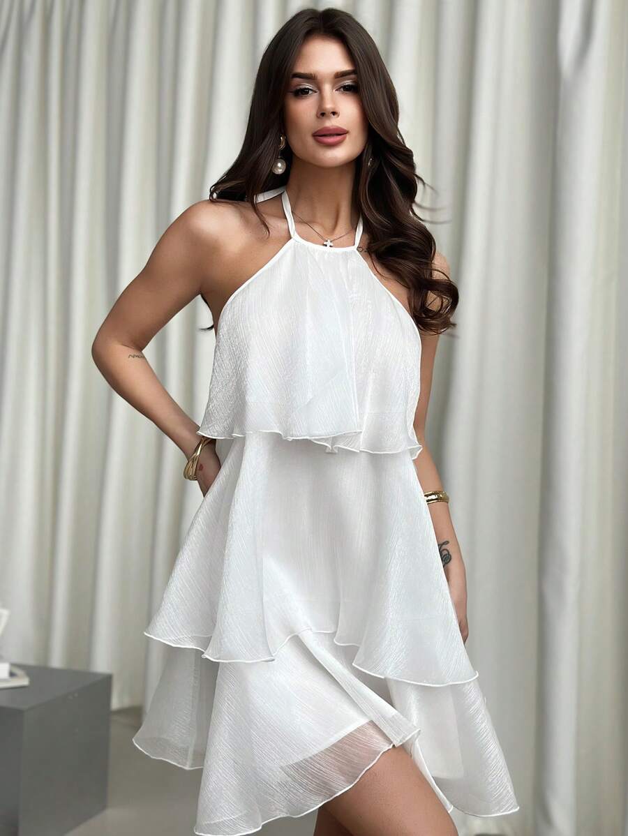 Elegant A-Line Halter Tiered Ruffle Backless White Mini Homecoming Dresses
