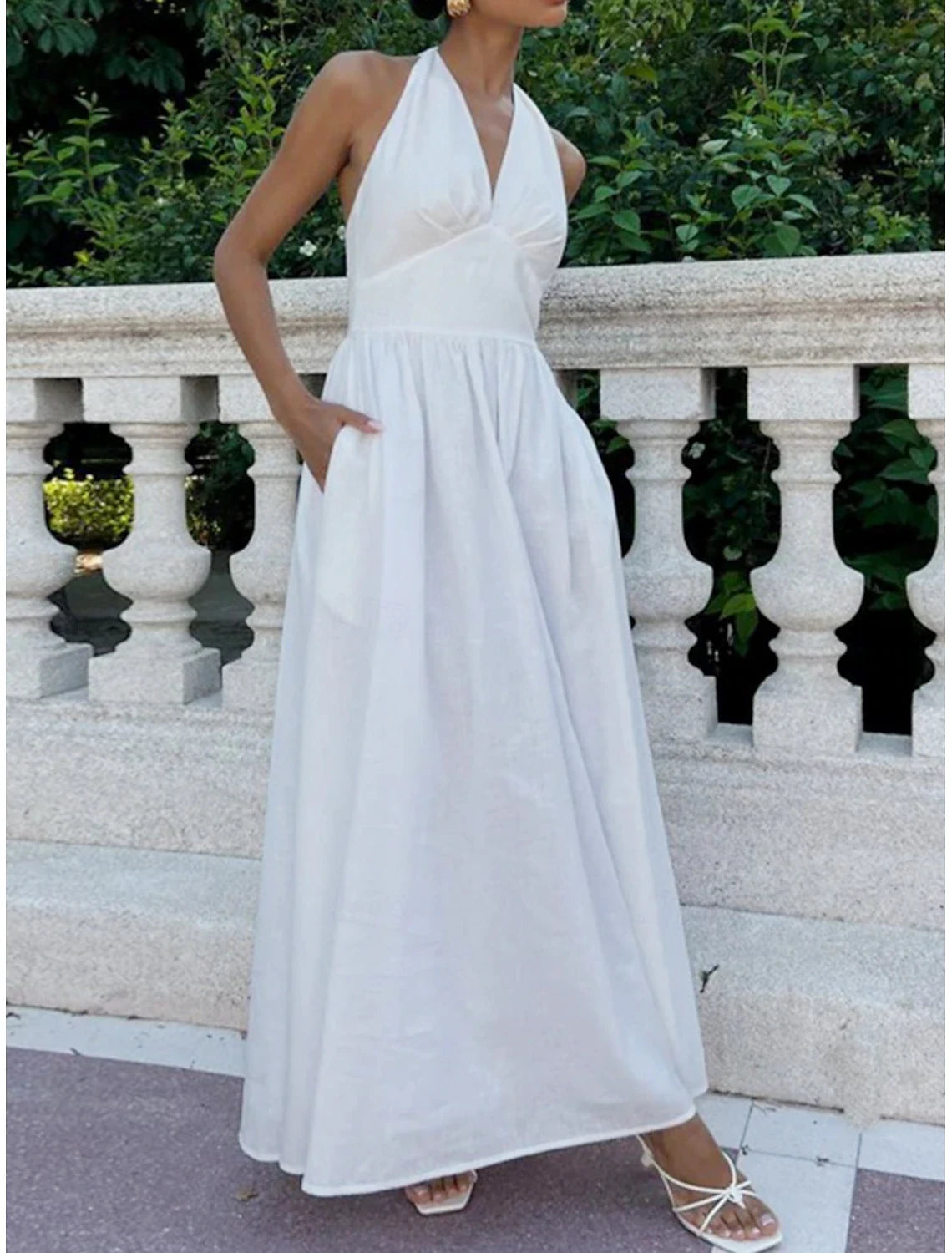 Elegant A-Line Halter V-Neck Flowy Backless White Floor-Length Wedding Dress