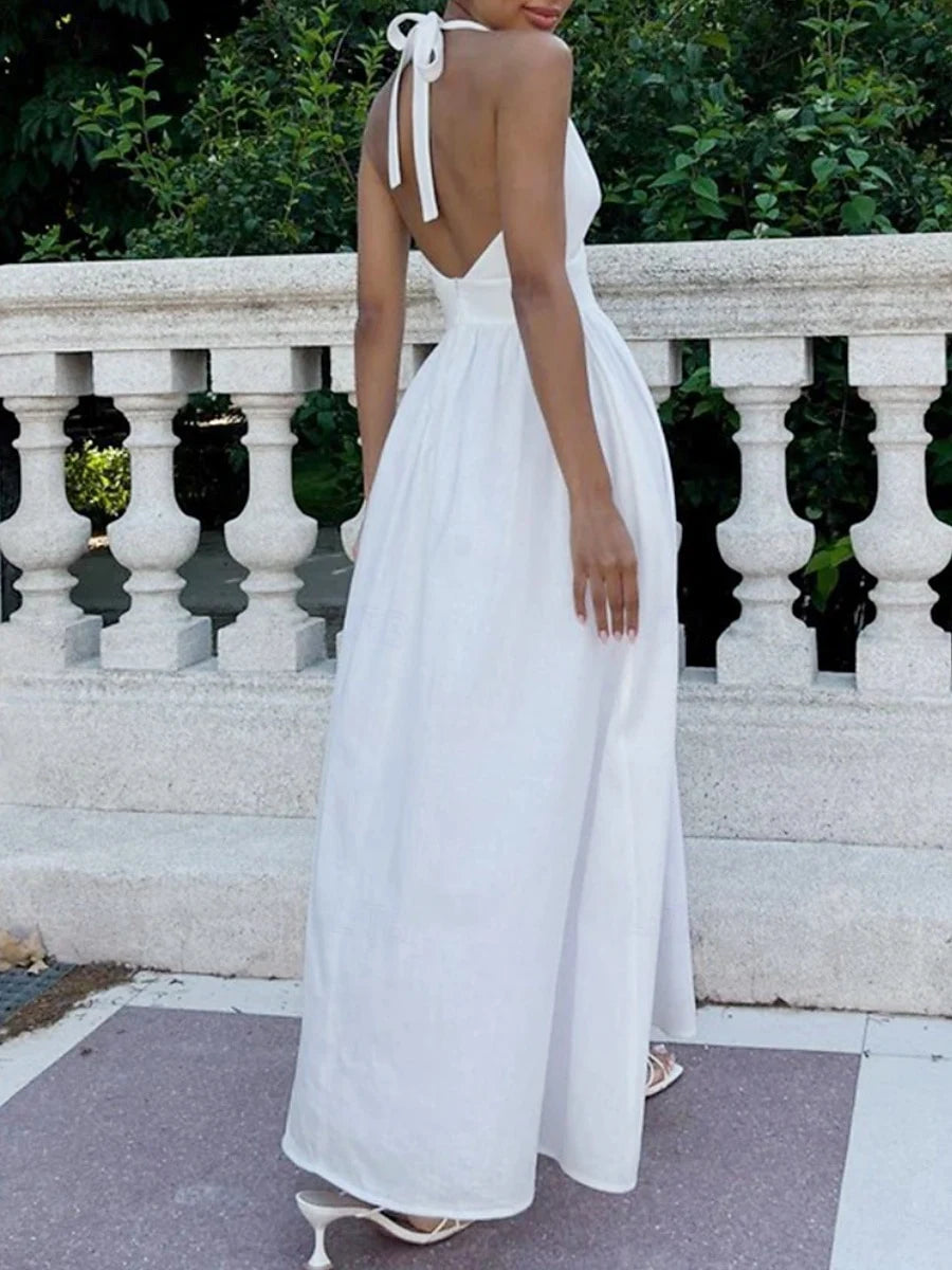 Elegant A-Line Halter V-Neck Flowy Backless White Floor-Length Wedding Dress